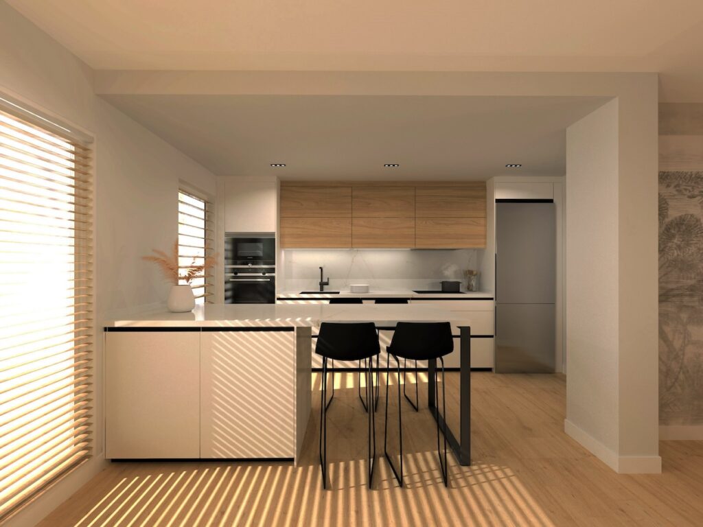 El diseño de esta cocina realizado de Santos fusiona la funcionalidad con la estética, creando un espacio acogedor y versátil.