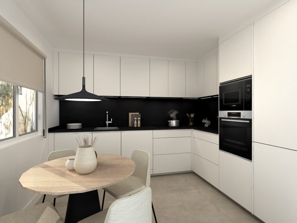 Cocina Santos en blanco y negro, esta mezcla de colores no solo aporta gran elegancia y estilo al espacio, sino que aporta mucha luminosidad al tener la mayoría de los elementos en blanco y tonos claros