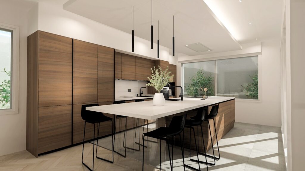 proyecto de Cocina Santos con península en color negro seda, el cual aporta un estilo muy elegante y sofisticado, el material es estratificado y casco es color grafeno. Contrastando con la encimera Neolith en color Mont Blanc.