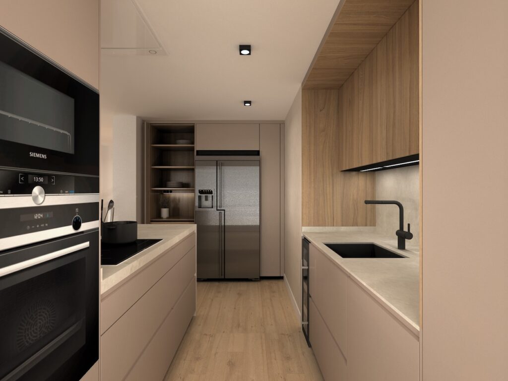 Presentamos este proyecto de Cocina Santos con península en color platinum white, el cual aporta un estilo muy elegante y sofisticado, el material es estratificado y va a conjunto con el gris arena de bajos y columnas y el olmo claro de los altos.